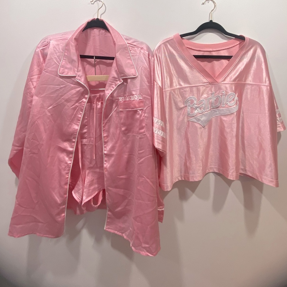 3 piece pink loungewear playboy PJ set and Barbie jersey XL